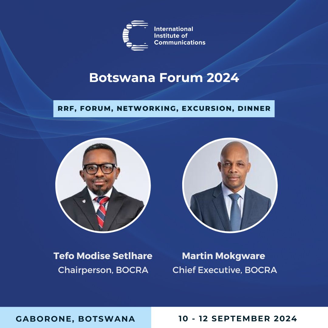 The IIC are delighted to be in Gaborone, Botswana fo the Botswana Forum this September Tuesday 10 - Thursday 12 September.

Kindly hosted by @BORCAbw and held in partnership with Communications Regulators' Association of Southern Africa.

Find out more:
iicom.org/event/botswana…