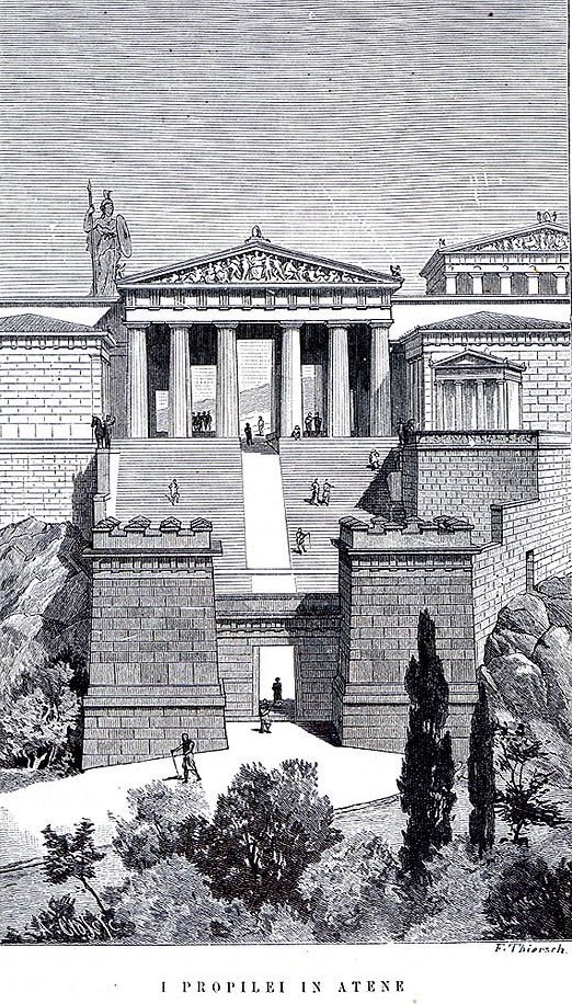In ancient Greek architecture, a propylaion or propylaea is a monumental gateway that serves as a partition, separating the secular and religious parts of a city. The prototypical Greek example is the propylaea that served as the entrance and the ceremonial gateway to the plateau