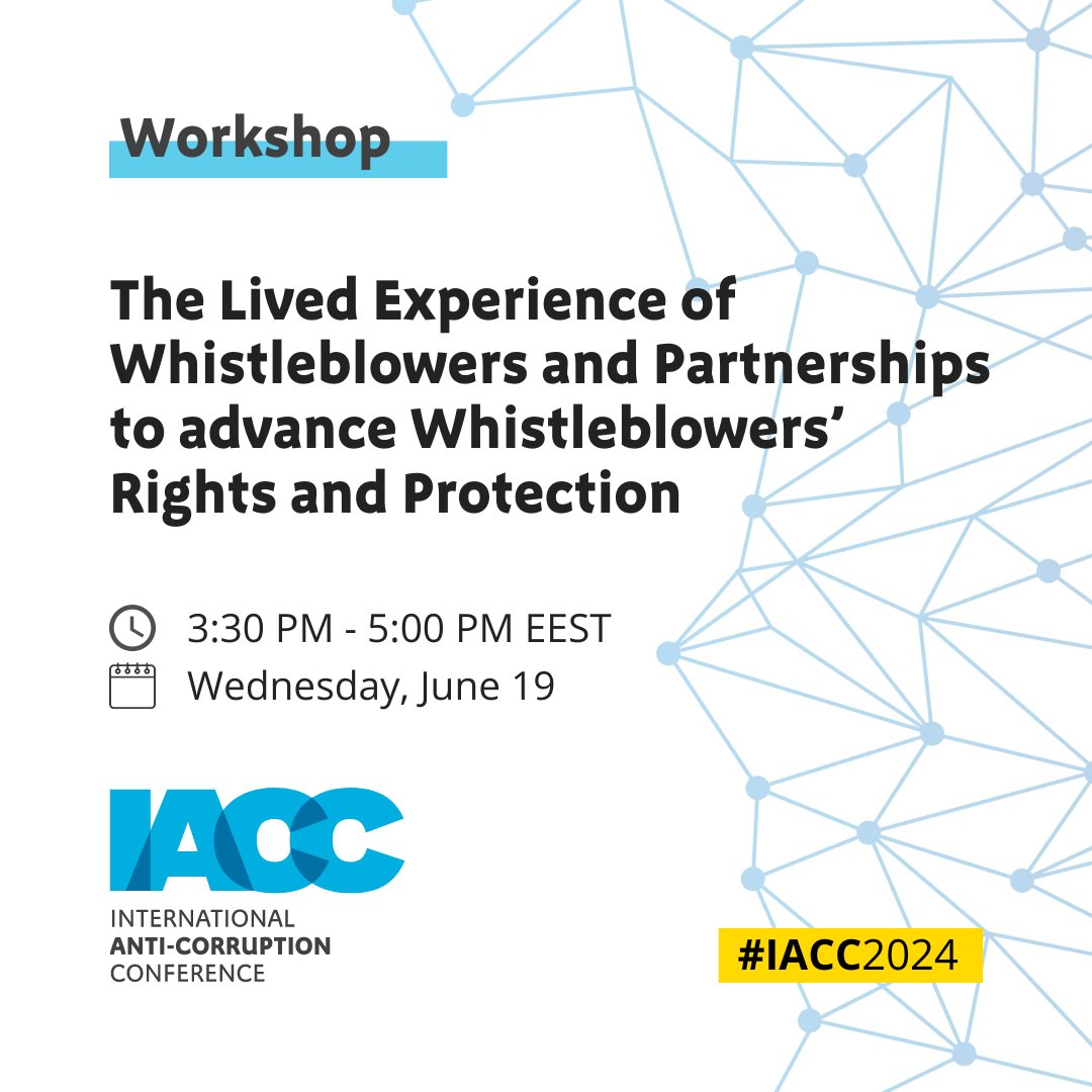 Starting soon at #IACC2024: "The Lived Experience of Whistleblowers and Partnerships to Advance Whistleblowers’ Rights and Protection" with <a href="/whistleblowing/">WIN</a>, <a href="/GlobaLeaks/">GLOBALEAKS</a> &amp; <a href="/marie_terracol/">Marie Terracol</a>, Whistleblower Protection Lead at <a href="/anticorruption/">Transparency International</a>.

➡️ anticorru.pt/31s