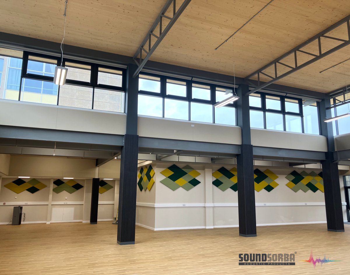 soundsorba's tweet photo. Recently completed new school dining area,  Soundsorba made bespoke diamond Wallsorba &amp;  hanging Bafflesorba panels. Look outstanding and hugely improve the room acoustics!
Fabric supplied by @Camira, installation by @FelthamCLtd
#acoustics #acousticpanels #ukmanufacturing https://t.co/5jyiTCKBSO