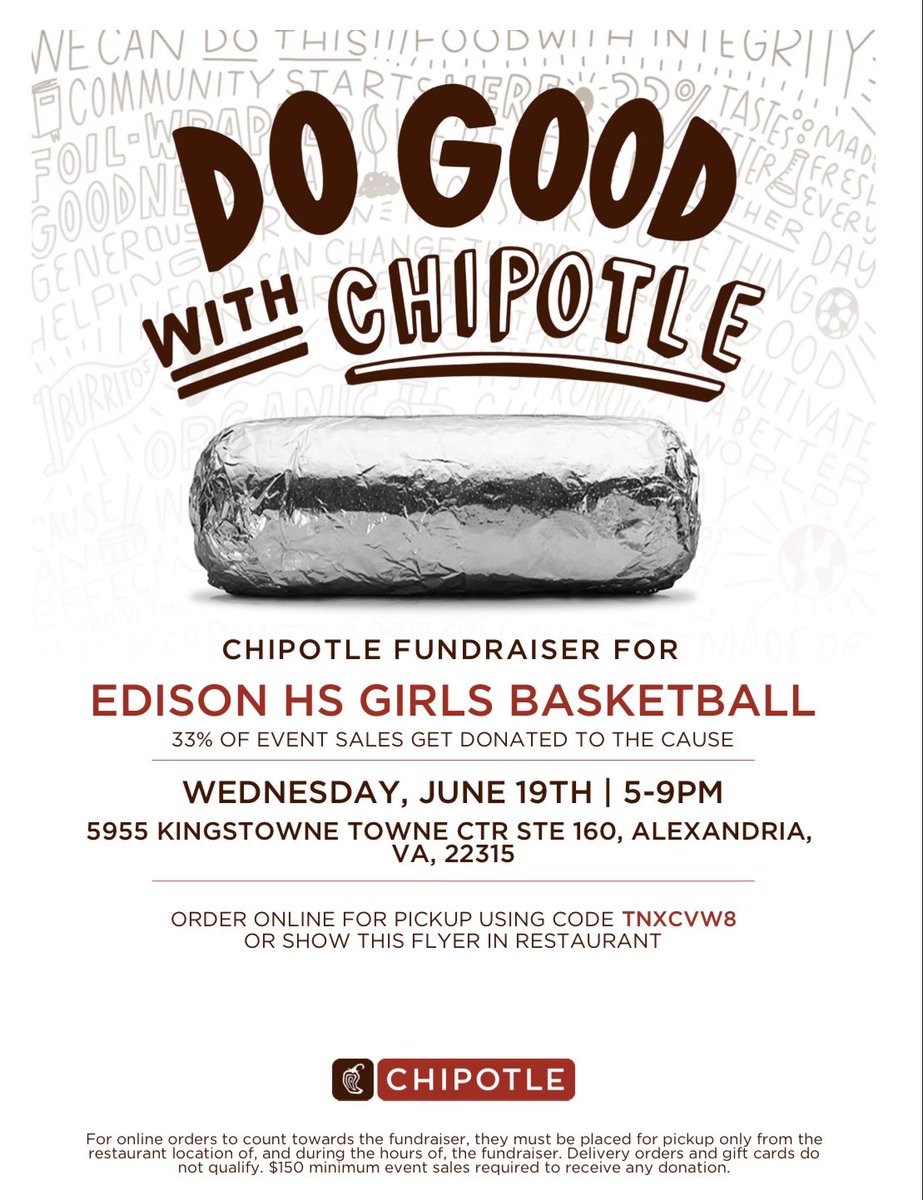 Plan to have dinner at Chipotle today to support our Girls Basketball program.  We are raising money to travel to Florida!
