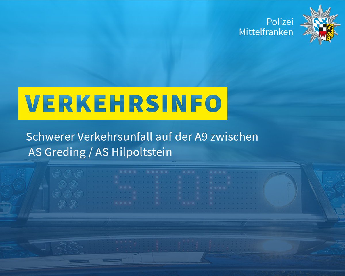 PolizeiMFR's tweet photo. Auf der Bundesautobahn 9 hat sich zwischen den Anschlussstellen Greding und Hilpoltstein in Fahrtrichtung Berlin ein schwerer #Verkehrsunfall ereignet. Die #Autobahn ist aktuell voll gesperrt. Bitte meidet und umfahrt den Bereich weiträumig.
#BAB9 #A9 https://t.co/qyGYmREz1H