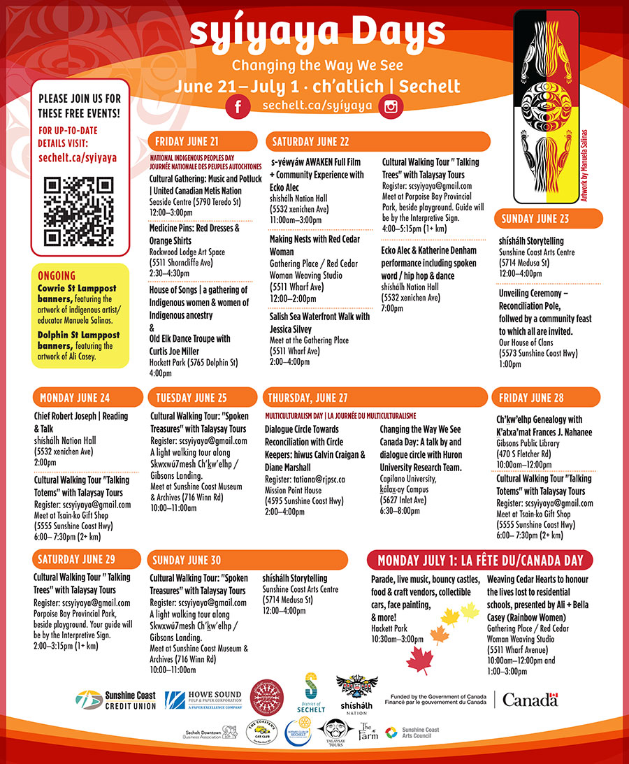 ☀️syíyaya Days start on Friday, National Indigenous Peoples Day ☀️ There are so many events happening between June 21 – July 1 (all free to attend!) so be sure to visit sechelt.ca/syiyaya for all the up-to-date details.
#NIPD2024 #syiyayadays #sunshinecoastbc