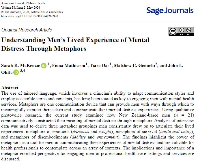 🚨 New publication!! 🚨

This new study examined how men used metaphors as powerful tools to communicate their meanings of mental distress - to  articulate their emotions, survival &amp; disembodiments!

Interested? Check out the full paper here: journals.sagepub.com/doi/10.1177/15…