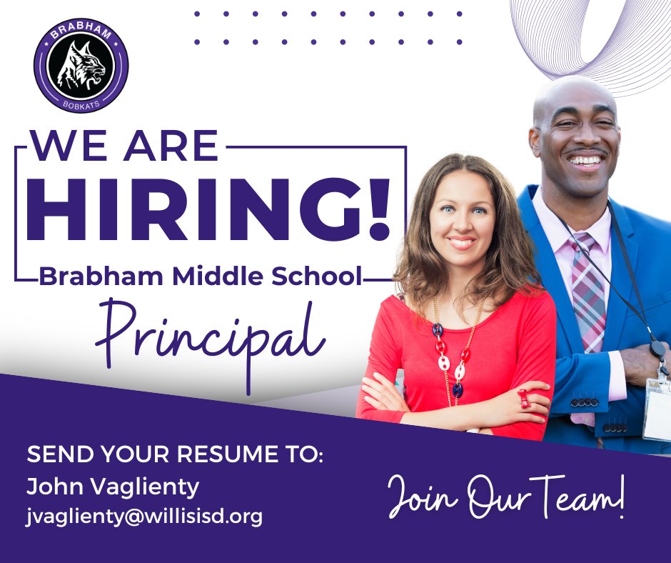 Willis ISD (@willisschools) on Twitter photo We are seeking a dynamic and experienced individual to lead Brabham Middle School into the future! If you believe you are the right candidate, please send your resume to jvaglienty@willisisd.org.
Learn more about this position ➡ willisisd.org/employment We are seeking a dynamic and experienced individual to lead Brabham Middle School into the future! If you believe you are the right candidate, please send your resume to jvaglienty@willisisd.org.
Learn more about this position ➡ willisisd.org/employment