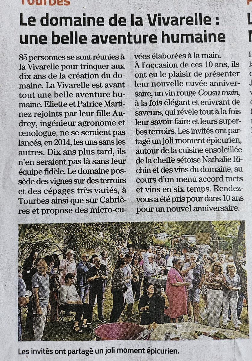 ⚡️Merci au journal <a href="/Midilibre/">Midi Libre</a> pour cet article faisant écho avec brio à notre soirée anniversaire, les 10 ans de la Vivarelle ! 🍷