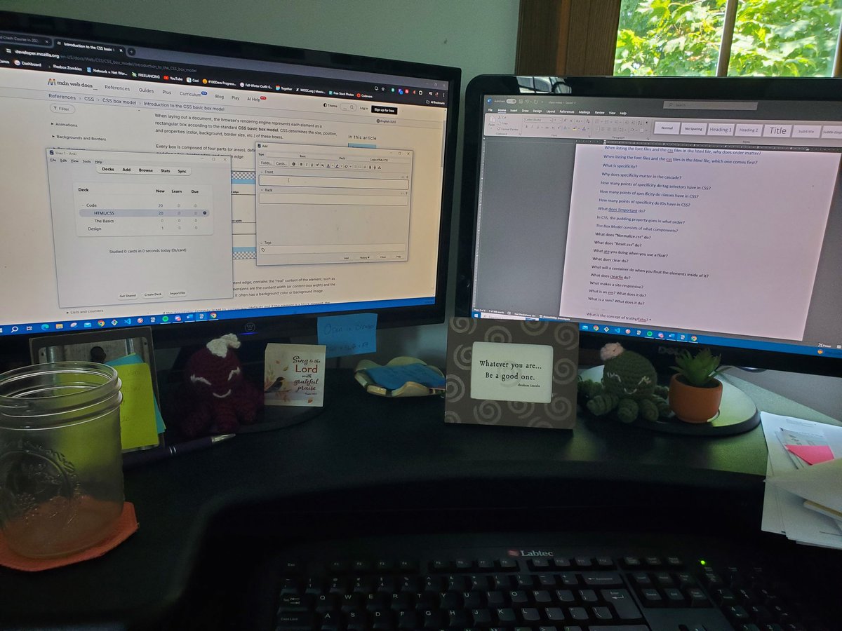 SerenaRue2's tweet image. Summer has been rough so far. My oldest has strep, trying to get the garden established, and a few other things have all kept me from coding. I finally sat down and did some review of the box model and responsiveness. Got 8 Anki cards added. 
#momswhocode #slowprogress #100devs