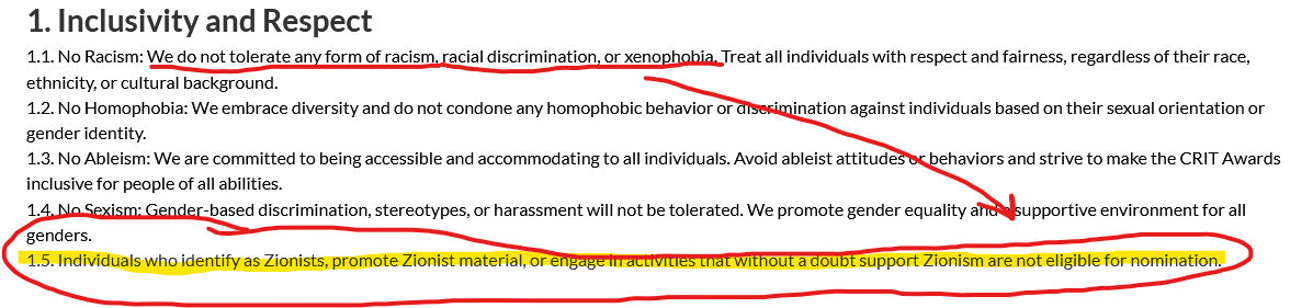 Not Nazi Germany in 1939 but an unpleasant part of the Roleplaying Game industry in 2024. This is from the eligibility criteria for the Creator Recognition in TTRPG Awards (<a href="/crit_awards/">CRIT Awards - 🍉</a> ). #antisemitism #RPGNazis