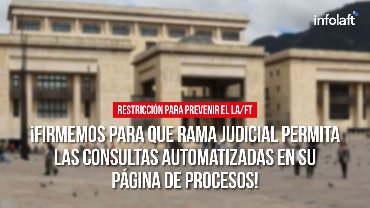La #Rama Judicial <a href="/judicaturacsj/">Rama Judicial</a> prohibe las consultas automatizadas de procesos jurídicos en su portal. Esta restricción dificulta el trabajo de los profesionales que previenen #lavadodeactivos en #Colombia. Firmemos esta petición para lograr un cambio: change.org/p/pedimos-a-ra…