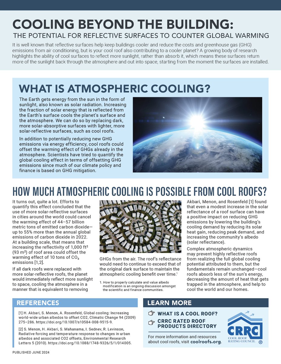 It is well known that reflective surfaces help keep buildings cooler &amp; reduce the costs &amp; emissions from air conditioning, but is your cool roof also contributing to a cooler planet? Learn about atmospheric cooling from cool roofs in our new one-pager: coolroofs.org/documents/CRRC…