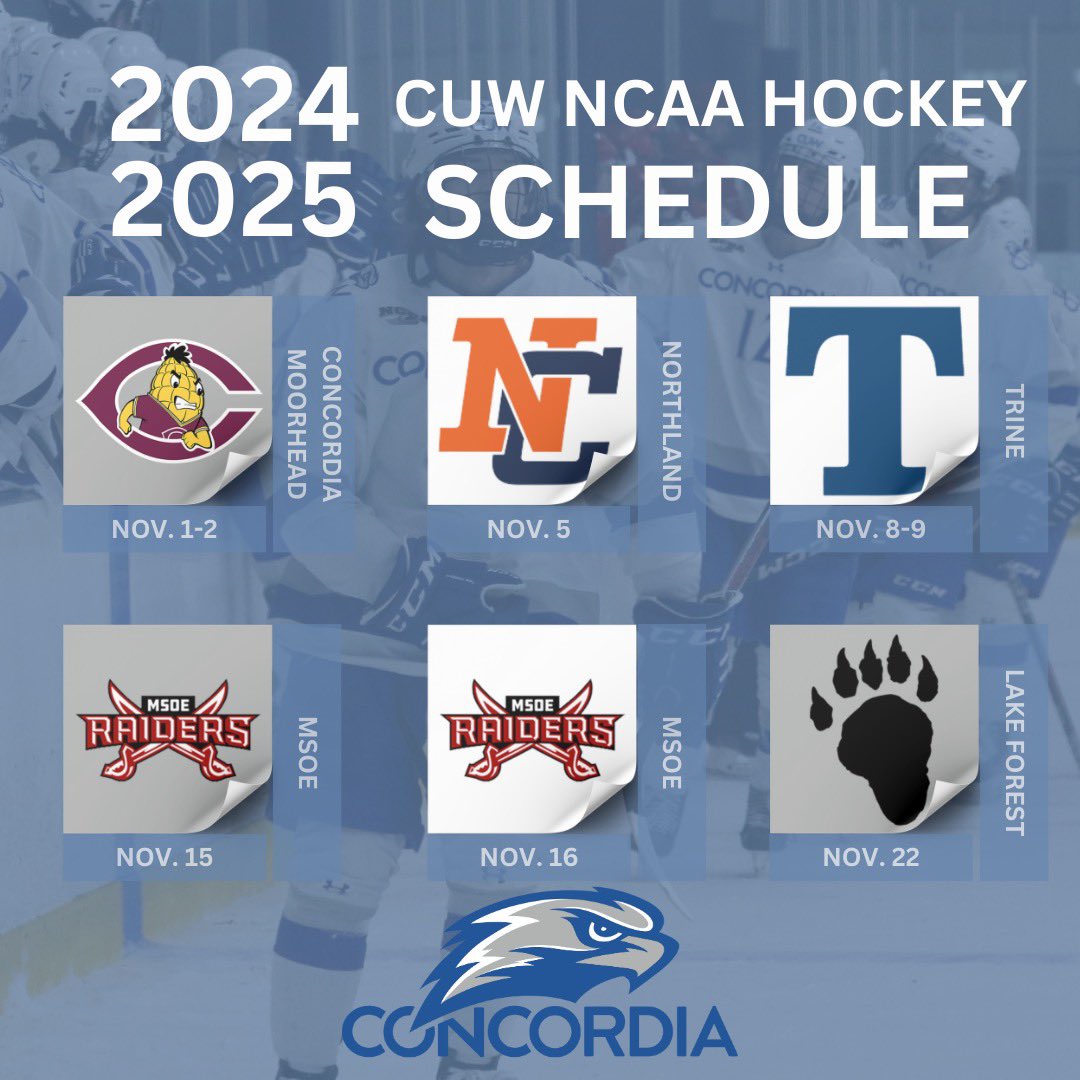 CUWMHockey's tweet photo. 🚨Schedule Release🚨

Our 2024-2025 Schedule is here!

All games in grey are played at @OzaukeeIce 

#CUW | #soarhigher https://t.co/N6lJ5WD8lj