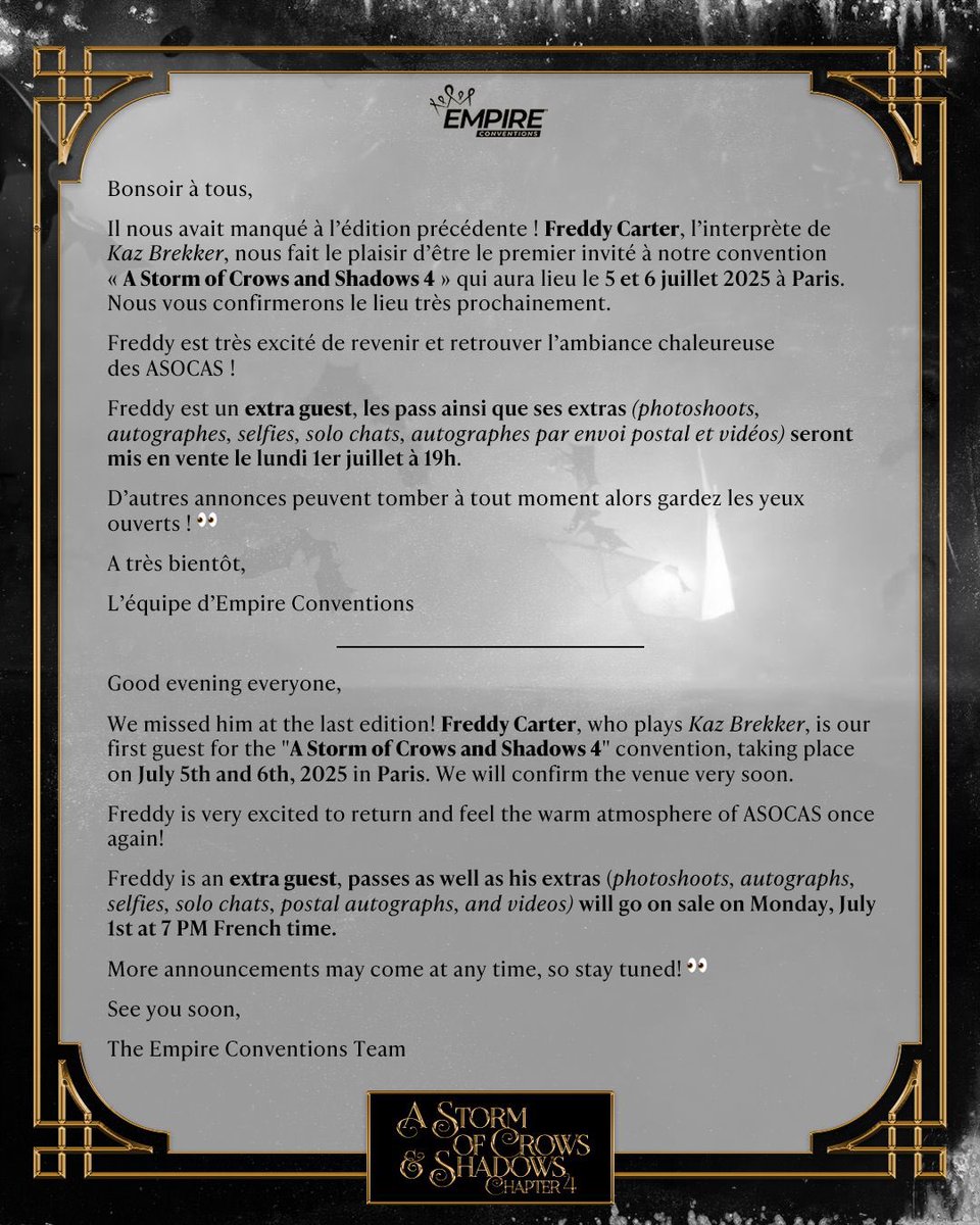 #ASOCAS4 | 1ST GUEST: 
FREDDY CARTER (Kaz Brekker)

ℹ️ FB INFORMATION: facebook.com/groups/asocas
📍PARIS FRANCE (TBD)