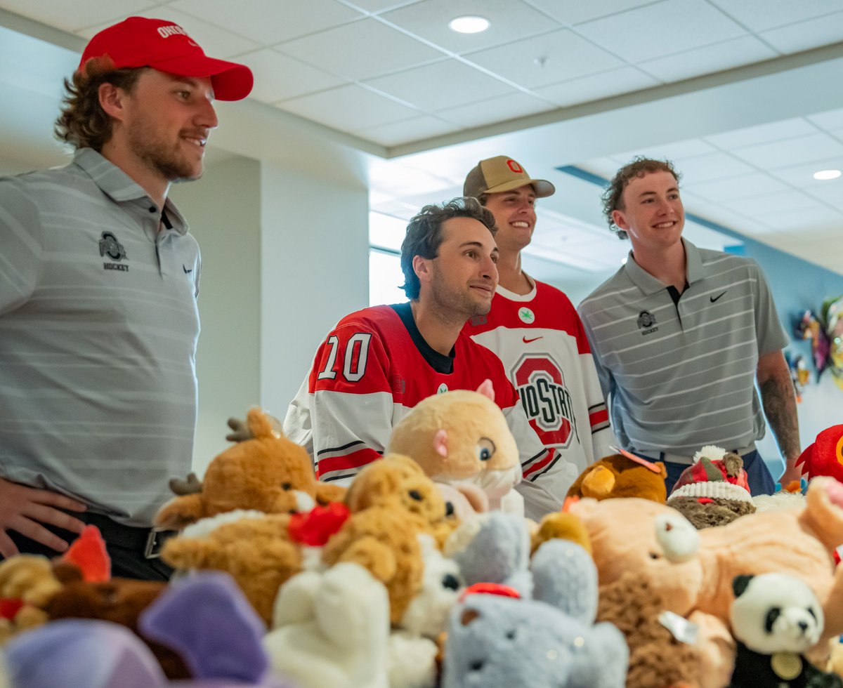 OhioStateMHKY's tweet photo. ☺️🧸 It was smiles all around as the Buckeyes delivered the Teddy Bear Toss donations to @RMHCofCentralOH! 

Thanks to all the fans who donated - stay tuned for the 2024-25 date! 

📰 https://t.co/pvHSeiQs1o

#GoBucks https://t.co/eTNe7TSeJH