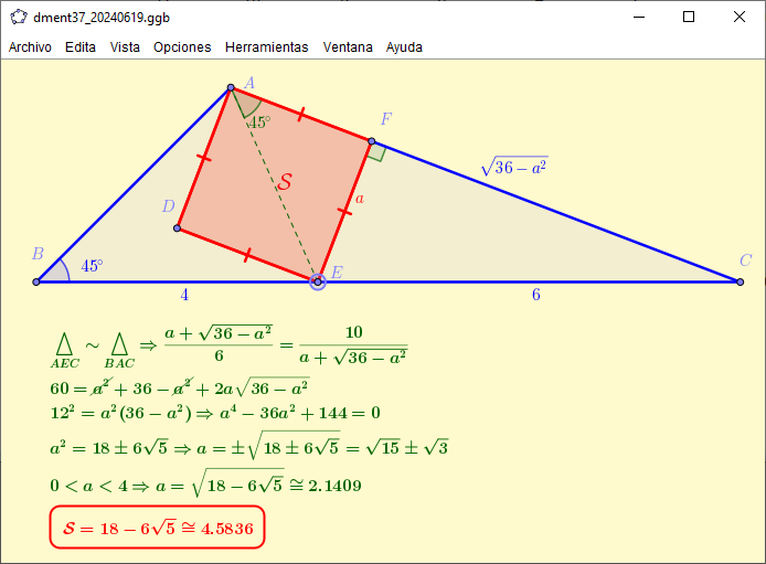 ilarrosac's tweet photo. @dment37 @geogebra The triangle ABE is not isosceles, although almost so. What should the BE:EC ratio be for it to be so?
#GeoGebra https://t.co/jiQ7XzuV87