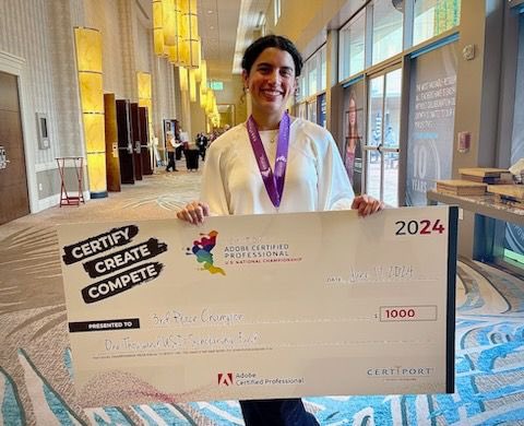 FCSCTAE's tweet photo. Graphic Design student Paola Leal of @HoochHappenings placed third at the @Certiport @Adobe US National Championship! Competing with high school &amp; college designers from across the nation, she won $1000 and is advancing to WORLD Championship!Congrats, Paola &amp; teacher @5kroukampk! https://t.co/dFcPf6dhs2