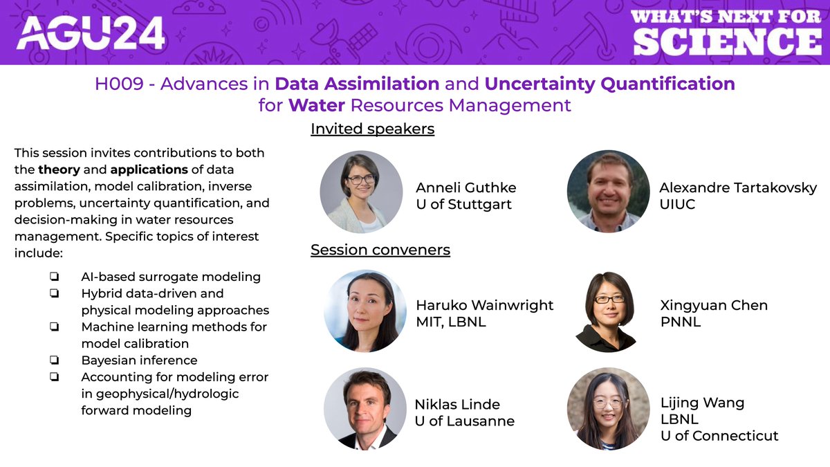 Lijing Wang (@lijingwang8) on Twitter photo 💡Explore water resource uncertainty, data assimilation, and model calibration with Bayesian methods and AI at our #AGU24 session! Featuring invited speakers Anneli Guthke @SimTech_Stuttgart and Alexandre Tartakovsky <a href="/CEEatIllinois/">CEE at Illinois</a>. Submit now: bit.ly/h009 💡Explore water resource uncertainty, data assimilation, and model calibration with Bayesian methods and AI at our #AGU24 session! Featuring invited speakers Anneli Guthke @SimTech_Stuttgart and Alexandre Tartakovsky <a href="/CEEatIllinois/">CEE at Illinois</a>. Submit now: bit.ly/h009