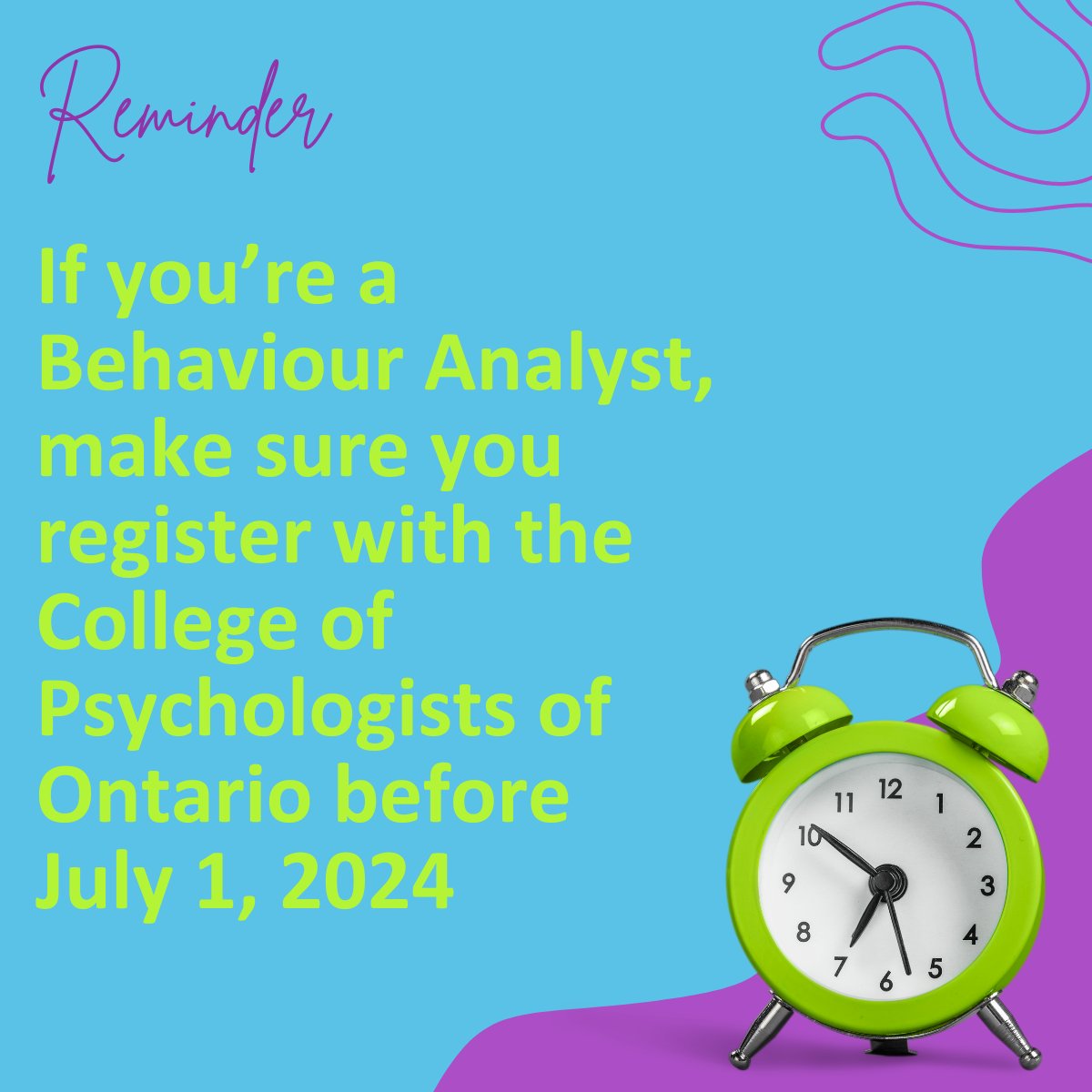 If you’re a Behaviour Analyst, you must register with the College of Psychologists of Ontario before July 1, 2024 to continue practicing as a Behaviour Analyst in Ontario. Registration is now open. Click here to apply: cpo.on.ca/aba/aba-inform…