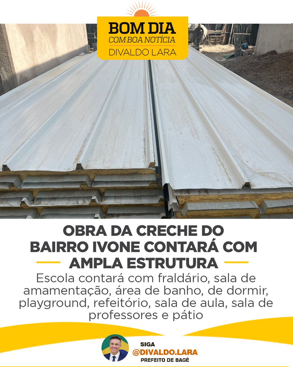 DivaldoLara's tweet photo. Já chegamos a 50% da obra da Creche do Bairro Ivone e iniciamos, agora, etapa de colocação do telhado. A creche do Ivone era uma promessa de muitos anos de outros governos, que nunca foi concluída. Conseguimos retomar e em breve, entregaremos mais uma grande obra aos bageenses. https://t.co/GfJmNlzQO4