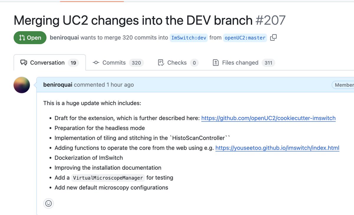 beniroquai's tweet image. I don&apos;t want to be the #reviewer2 for this PR🙃
Lot&apos;s of new features for #ImSwitch are coming after this great hackathon organized by @nilnorl @lunduniversity. Features/Bugs
- @napari-inspired Plugin Interface
- Chatbot Integration @bioimageio 
- Headless 
- Docker Integration