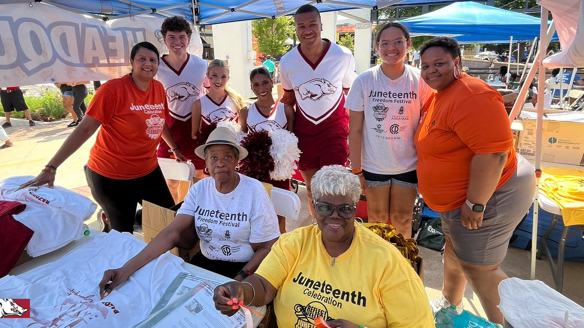 ArkRazorbacks's tweet photo. Last Saturday in downtown Springdale, we were honored to be a part of the 28th Annual NWA Juneteenth Celebration. 

Today, we recognize the official federal holiday of Juneteenth and celebrate freedom! https://t.co/Ca76OxGu72
