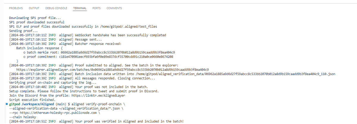 Just submitted proof via  <a href="/alignedlayer/">Aligned</a>  
I am now #aligned 

explorer.alignedlayer.com/batches/0x0696…