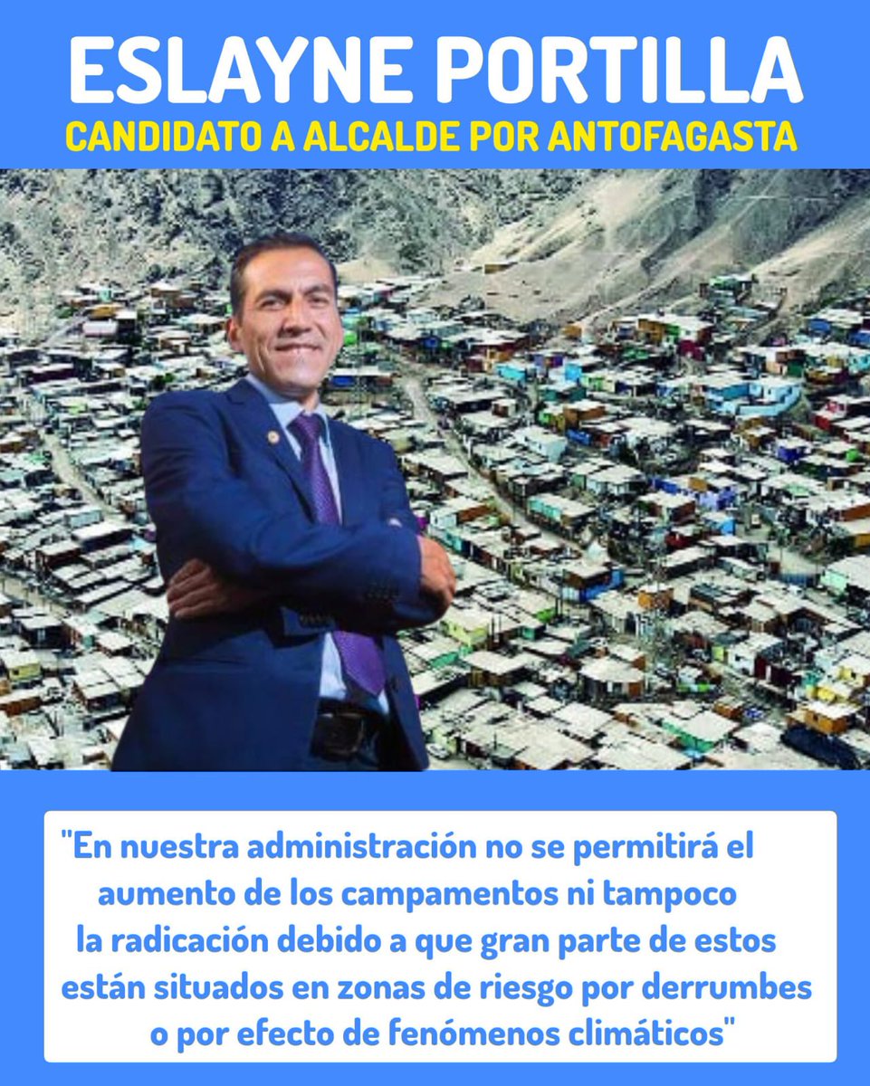 UNO DE LOS LINEAMIENTOS DE MI PROGRAMA COMO ALCALDE 

Tema : CAMPAMENTOS #antofagasta #campamentos 
             No pueden seguir aumentando ni radicarse porque es un problema de seguridad y calidad de vida para quienes viven en estos lugares y también para los vecinos del lugar.
