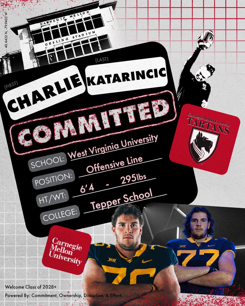 ❕❗️🚨#F24everPlaid🚨❗️❕
.
👤: Charlie Katarincic
📲: <a href="/Big_Kat_77/">Charlie Katarincic</a>
📚: <a href="/teppercmu/">Tepper CMU</a>
🏈: OL
🏋️‍♂️: 6'4 | 295lbs
🎥: tinyurl.com/ckatarincic24
🏠: <a href="/WVUfootball/">West Virginia Football</a>
📍: Pittsburgh, PA
.
#CODE | #BYB | #RDT