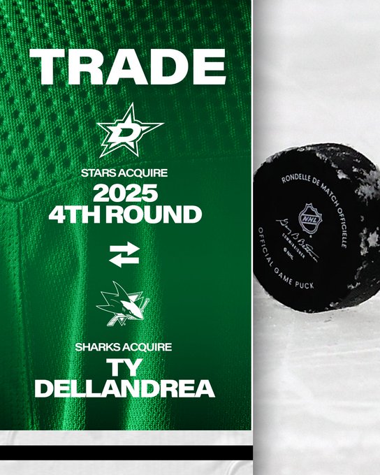 Dallas Stars trade graphic
Stars acquire 2025 4th round pick
Sharks acquire Ty Dellandrea