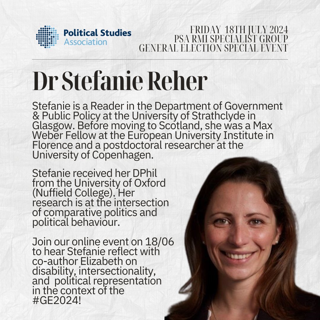 PSA Race, Migration, & Intersectionality (@psa_race) on Twitter photo 🚨 EVENT! 🚨
On Fri 19th July, we'll be reflecting on #GE2024 in relation to disability, intersectionality, and representation.
Join us online to hear from co-authors of 'Disability and Political Representation' <a href="/stefanie_reher/">Stefanie Reher</a> & <a href="/ProfLizJEvans/">Elizabeth Evans</a>. ✨
📝 tinyurl.com/435m7wxm 🚨 EVENT! 🚨
On Fri 19th July, we'll be reflecting on #GE2024 in relation to disability, intersectionality, and representation.
Join us online to hear from co-authors of 'Disability and Political Representation' <a href="/stefanie_reher/">Stefanie Reher</a> & <a href="/ProfLizJEvans/">Elizabeth Evans</a>. ✨
📝 tinyurl.com/435m7wxm