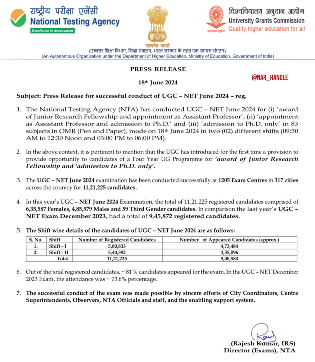 NAR_Handle's tweet image. Yesterday: #NTA issued a press release announcing the successful conduct of the UGC-NET.

Today: Govt announced the cancellation of the UGC-NET exams held yesterday, stating that the integrity of the aforesaid exam had been compromised

In the midst of the #NEET scam, now this…