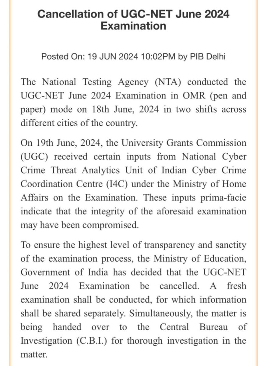 NAR_Handle's tweet image. Yesterday: #NTA issued a press release announcing the successful conduct of the UGC-NET.

Today: Govt announced the cancellation of the UGC-NET exams held yesterday, stating that the integrity of the aforesaid exam had been compromised

In the midst of the #NEET scam, now this…