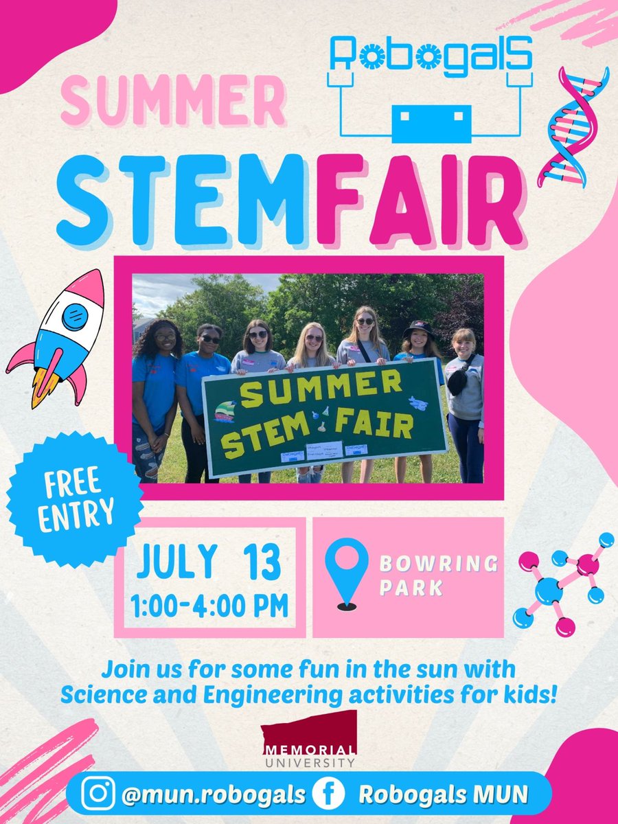 Looks like a blast (off 🚀✨)! Join us at the Summer STEM Fair on July 13th from 1-4 PM at Bowring Park. Perfect for kids to dive into exciting Science, Technology, Engineering, and Math activities. Best of all, it's free! 🌟🔬