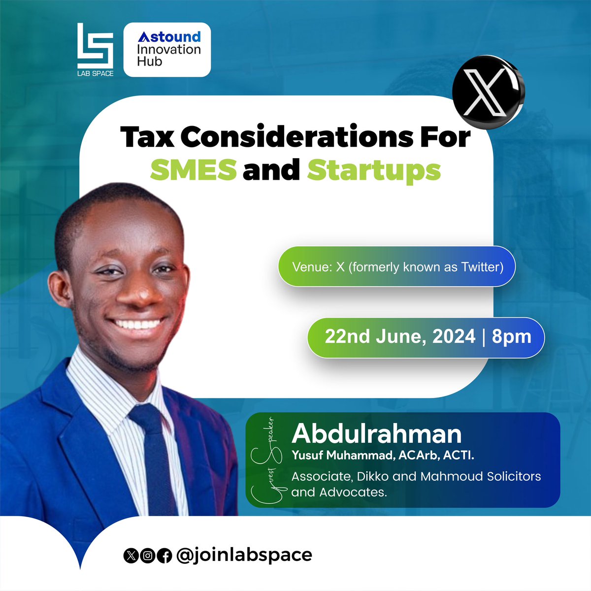 Learn about Tax Considerations for Startups &amp; SMES during our upcoming X-space on Saturday the 22nd of June, 2024Our guest for this session is <a href="/AbdulrahmanEsq/">Abdulrahman Yusuf Muhammad</a> a budding lawyer and tax consultant.Mark your calendars by clicking on this link: x.com/i/spaces/1OwxW…