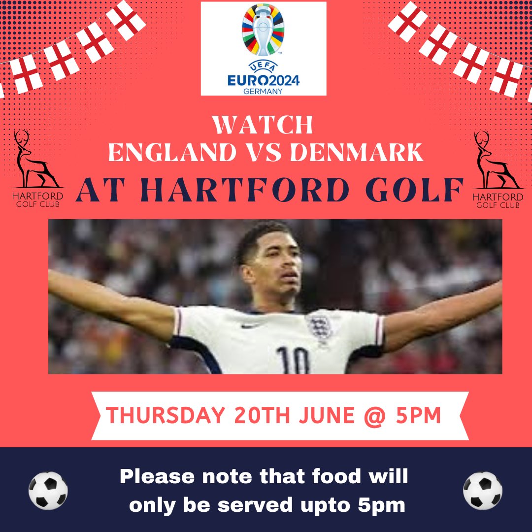 HartfordGolfC's tweet image. Come and show your support for Jude and the rest of the Three Lions team!! 

Watch England take on Denmark at #hartfordgolf on Thursday at 5pm 🏴󠁧󠁢󠁥󠁮󠁧󠁿 🇩🇰 

Delicious home made pizzas will be available up to 5pm and the beer will be nice and cold 🍻 

We’ll see you all this Thursday!!