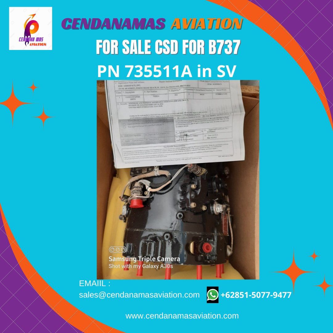 raismastore's tweet image. Ready for Immdiately SALE :
CSD FOR B737
PN 735511A
Condition : SV
QTY=1EA
LOCATION: INDONESIA
Contact :
Email:sales@cendanamasaviation.com
Cell : +6281382064747
cendanamasaviation.com
#acgenerator #b737 #generator