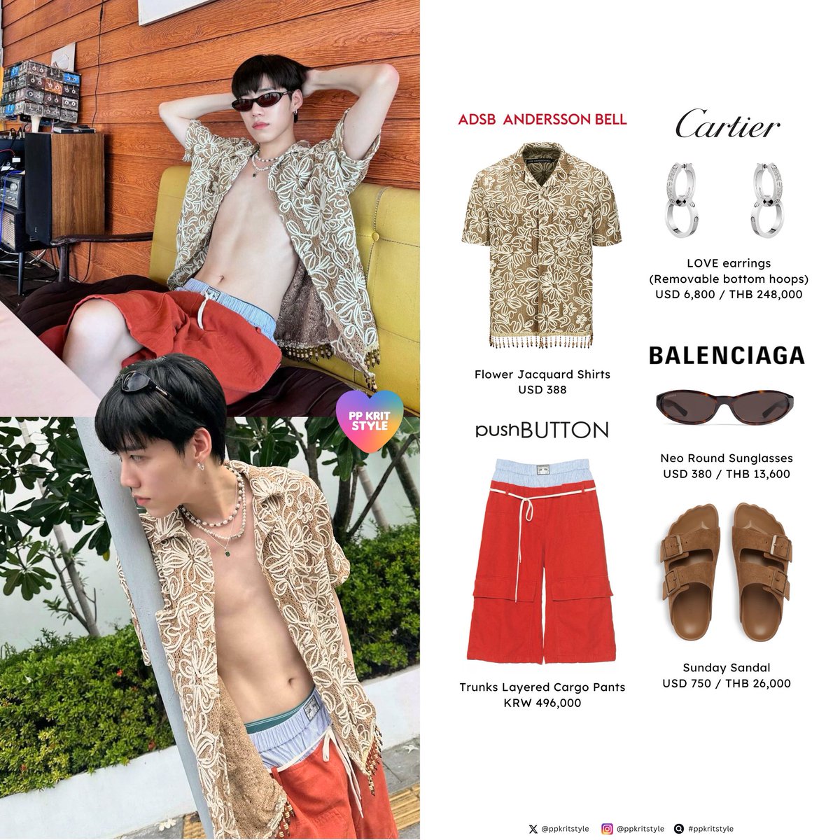 ppkritstyle's tweet photo. PP KRIT STYLE : @ppkritt 🚶🏻
#BALENCIAGA Neo Round Sunglasses and Sunday Sandal
#cartier LOVE earrings
#ANDERSSONBELL Flower Jacquard Shirts
#pushBUTTON Trunks Layered Cargo Pants
#ppkritt #ppkritstyle https://t.co/o9gh5Oi6tB