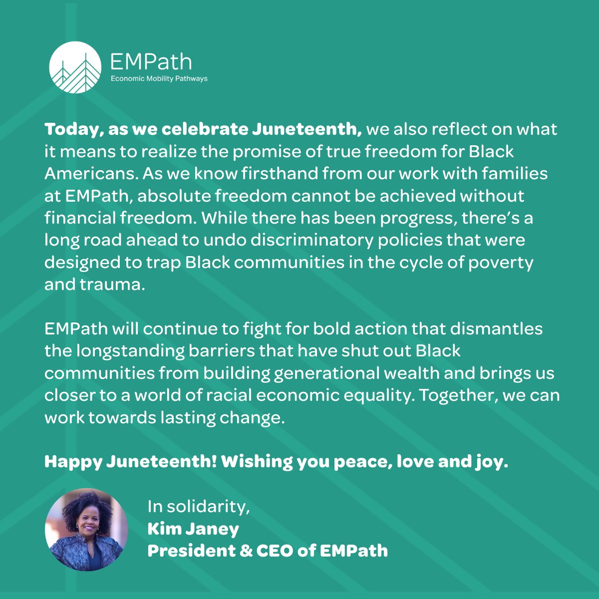 Happy #Juneteenth from EMPath! Today, as we celebrate this important day, EMPath President &amp; CEO <a href="/Kim_Janey/">Kim Janey</a> shares the following message: