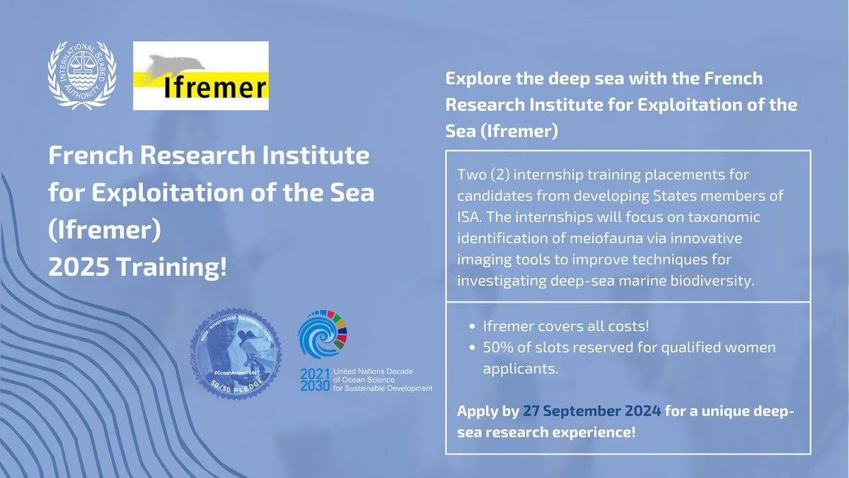 🐠Calling all marine biologists from developing States! IFREMER is offering two #internship opportunities on environmental studies related to deep-sea marine biodiversity.

Apply by 27 September: isa.org.jm/ifremer-pmn/

#ISA29 #IFREMER #MarineBiodiversity