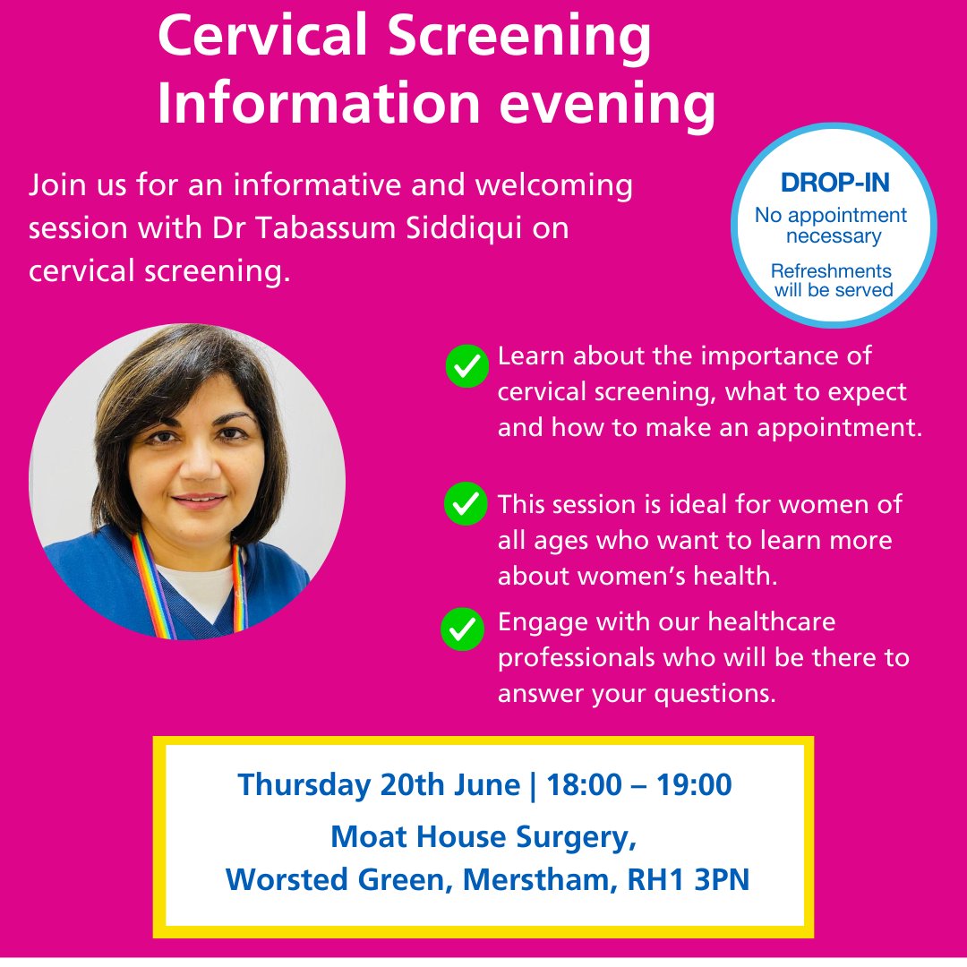 📢 House Partnership patients (Greystone House &amp; Moat House surgeries), join us for an information evening with Dr. Siddiqui tomorrow 20/06, 6 PM. Learn about the importance of cervical screening and get your questions answered. #CervicalScreeningAwarenessWeek #Letstalkscreening