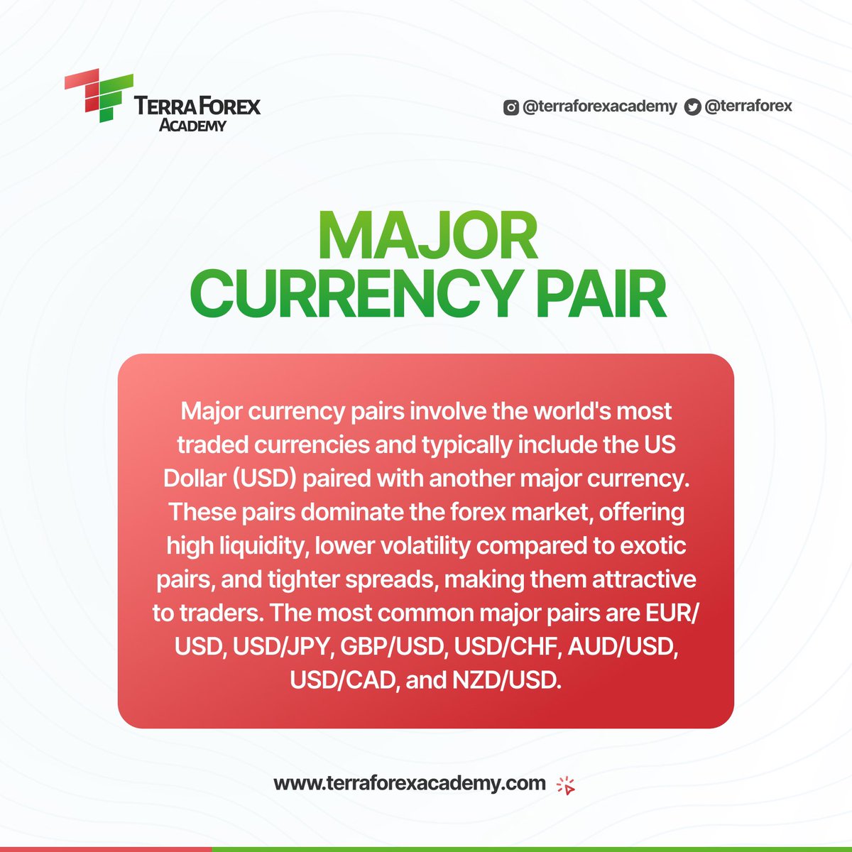 Terraforex's tweet photo. The currency pairs that matter the most! Understand the majors and improve your trading strategy.
.
.
.
#forex #forextrader #lifestyle #explorepage #terraforexacademy #daytrader https://t.co/VBd9WLrHfR