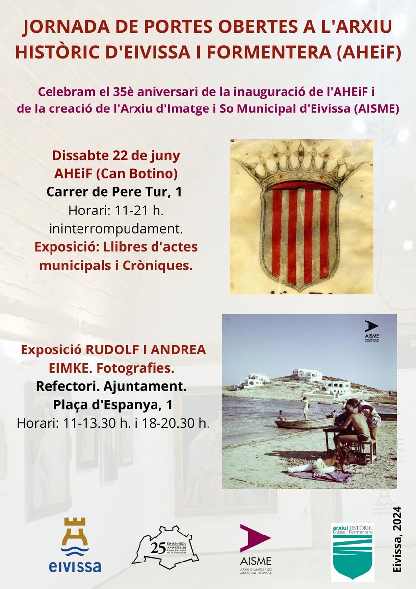 BibliotecaEivis's tweet photo. Aquest dissabte 22 es compleixen 35 anys que es va inaugurar l’Arxiu Històric d’Eivissa i Formentera (AHEiF) i ho celebra amb una Jornada de Portes Obertes. Aprofita per visitar també l’exposició de fotografies de 1956 al #Refectori ⁦@ajeivissa⁩ ⁦@TrigueroIbiza⁩ https://t.co/Rlk2YFYmJQ