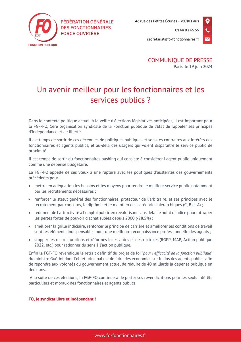 CP| Un avenir meilleur pr les #fonctionnaires &amp; les #servicespublics ?

" Ds le contexte politique actuel, à la veille d'élections législatives anticipées, il est important pour la FGF-FO, 1ère OS de la FPE de rappeler ses principes d'indépendance et de liberté [...] "