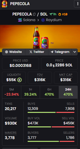 PepeCola_Solana's tweet photo. TOP 10 !
$PEPECOLA: Pepe's go-to drink for pure refreshment.
#memecoinseason24 #memecoinsol #SolanaGems #solanamemcoins #solanacoin #solanameme https://t.co/q7jVn07JO5