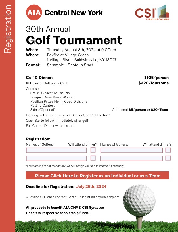 CSISyracuse's tweet image. 30TH ANNUAL AIA CNY / CSI SYRACUSE CHAPTER GOLF TOURNAMENT
Thursday August 8th, 2024 
Foxfire, Baldwinsville, NY

Click here to Register lnkd.in/gddwDGuJ
then be sure to email the attached registration form with your Golfers&apos; names back to aiacny@aiacny.org before July 25