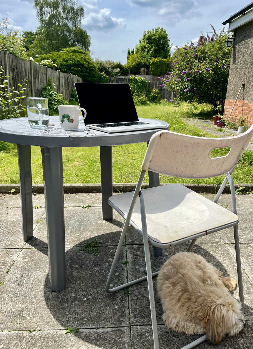 bethowriter's tweet photo. It’s #NationalWritingDay, so here’s to the optimum set up (☀️) and company (🐶), accompanied by excessive caffeine ☕️ https://t.co/xZUXBT7dkF