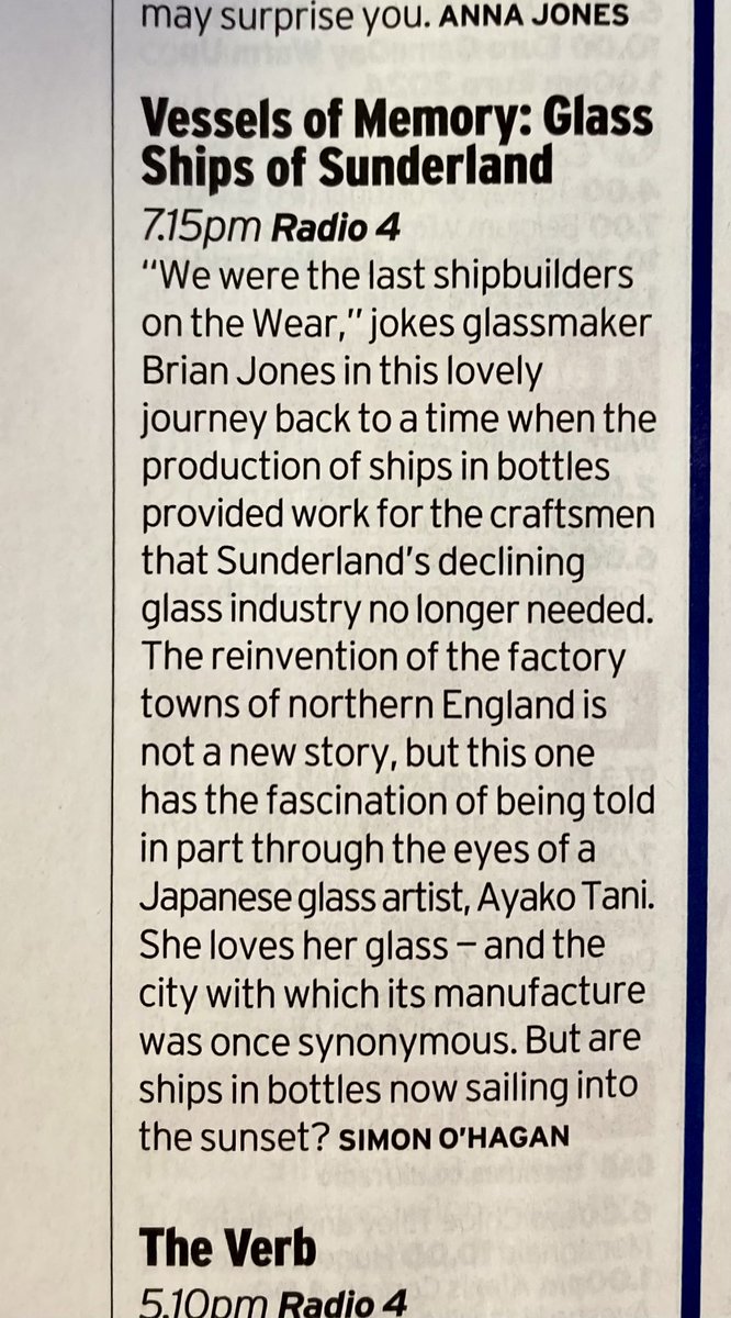 A heartwarming moment, when <a href="/hughlevinson/">Hugh Levinson</a> sent this review from <a href="/RadioTimes/">Radio Times</a>, penned by <a href="/SimonOHagan/">Simon O'Hagan</a> 

I’m thoroughly proud of our documentary about <a href="/ayako_tani/">Ayako Tani</a>’s journey through #Sunderland’s Glass Ships in Bottles industry

This Sunday, 7:15pm on <a href="/BBCRadio4/">BBC Radio 4</a> - <a href="/Sister_Sounds/">Sister Sounds</a>