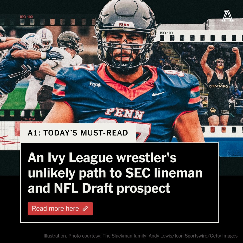 TheAthletic's tweet photo. Joey Slackman arrived in the Ivy League four years ago as a no-star football recruit who went to Penn to wrestle.

On Nov. 20, the lineman woke up after surgery as one of the hottest commodities on the transfer market.

@BruceFeldmanCFB on his journey to the SEC ⤵️