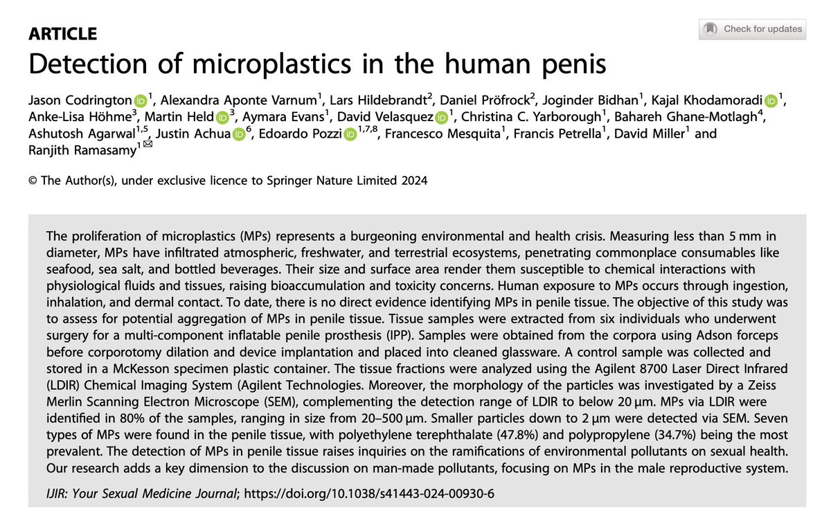Edoardo Pozzi (@edoardopozzimd) on Twitter photo ⚠️Microplastics found in human penile tissue for the first time, raising concerns about the impact of environmental pollutants on male reproductive health
Check out our work: pubmed.ncbi.nlm.nih.gov/38890513/
Congrats to <a href="/JMCodrington/">Jason Codrington, MD</a> for this excellent paper! ⚠️Microplastics found in human penile tissue for the first time, raising concerns about the impact of environmental pollutants on male reproductive health
Check out our work: pubmed.ncbi.nlm.nih.gov/38890513/
Congrats to <a href="/JMCodrington/">Jason Codrington, MD</a> for this excellent paper!
