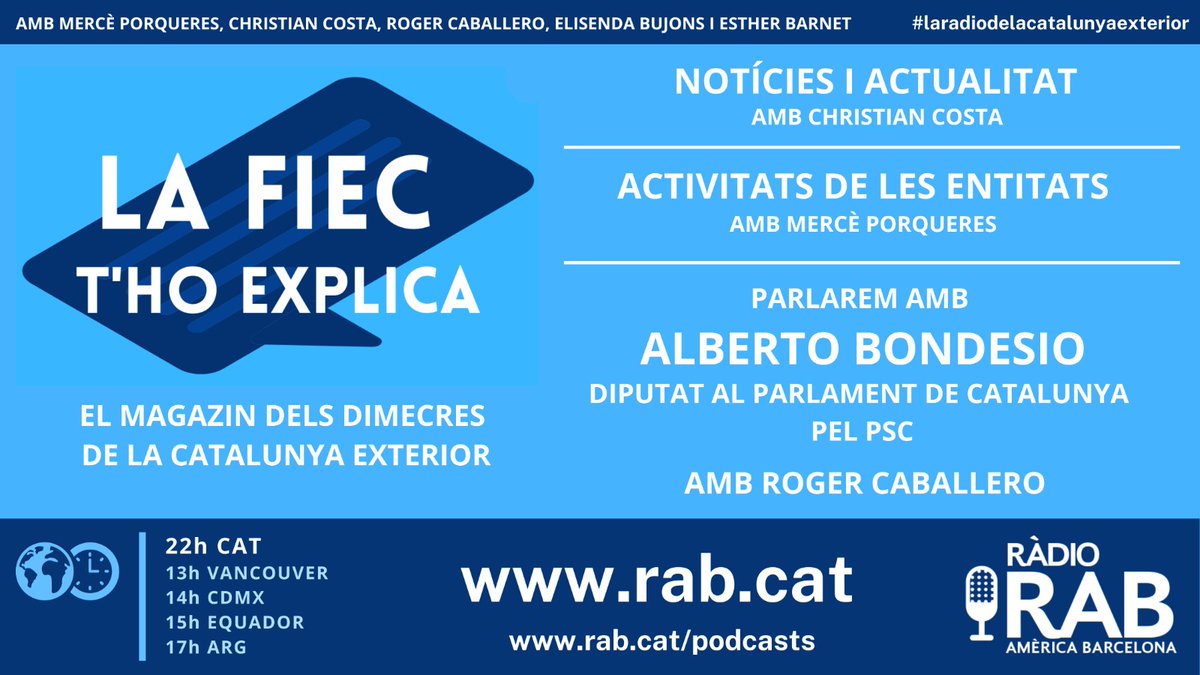 Promediant la setmana... ha arribat DIMECRES i amb ell... 
Què passa a la diàspora? La <a href="/FIEC1/">FIEC</a> T'HO EXPLICA
El Magazin de la Federació Internacional d'Entitats Catalanes per la <a href="/RABradioBCN/">RAB Ràdio</a> la dels catalans a l'exterior. T'hi esperem #CatalunyaExterior