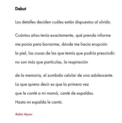 Del libro Poquita fe, un descubrimiento al día. La poeta norteamericana Robin Myers, cortesía del blog de <a href="/eternacadencia/">Eterna Cadencia</a> que nunca deja de sorprender.